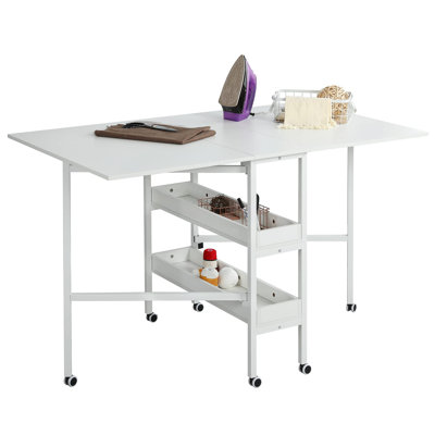 Home Hobby Craft Table - Mobile Folding Cutting Table with Storage Shelves, Ideal for Large Fabric and Sewing Projects, Fixed Height 35.5in
