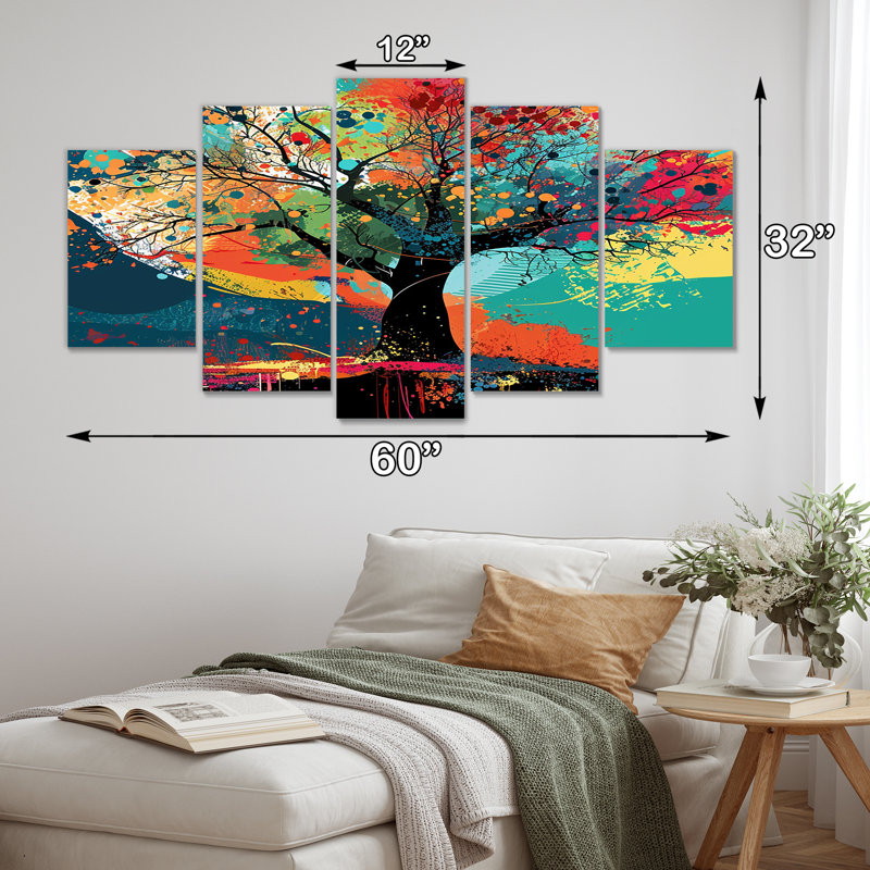 «Autumn Color Splash Tree On Mountain - Botanicals», art mural 5 pièces, H 32 po x l 60 po