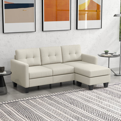 3 Seater Sectional Sofa, Sectional Couch with Ottoman, Beige