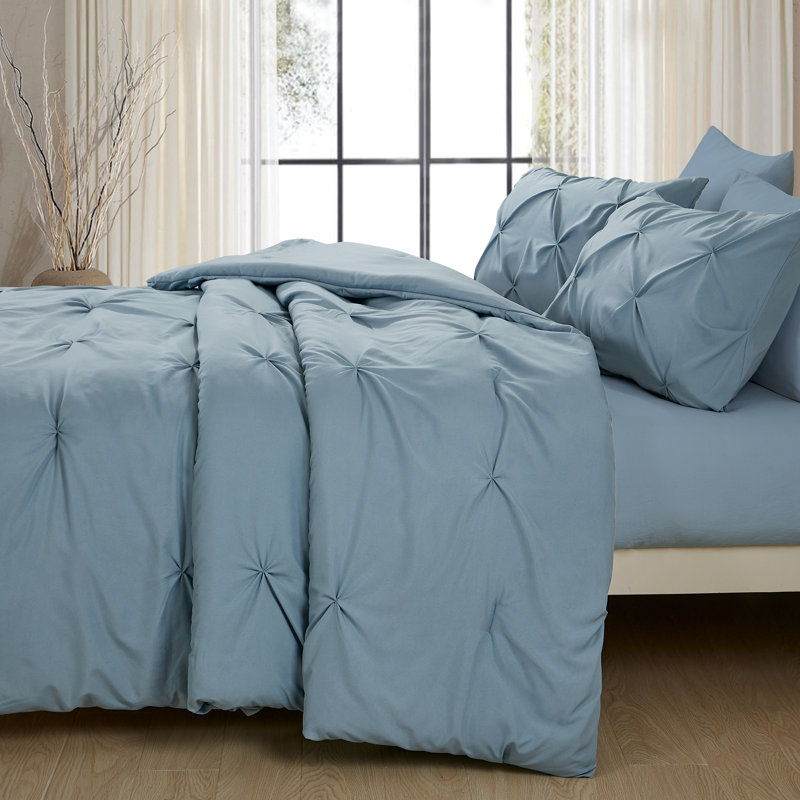 Ensemble d'édredon à volants Pintuck, Édredon pour très grand lit + 2 très grandes ta, Blue