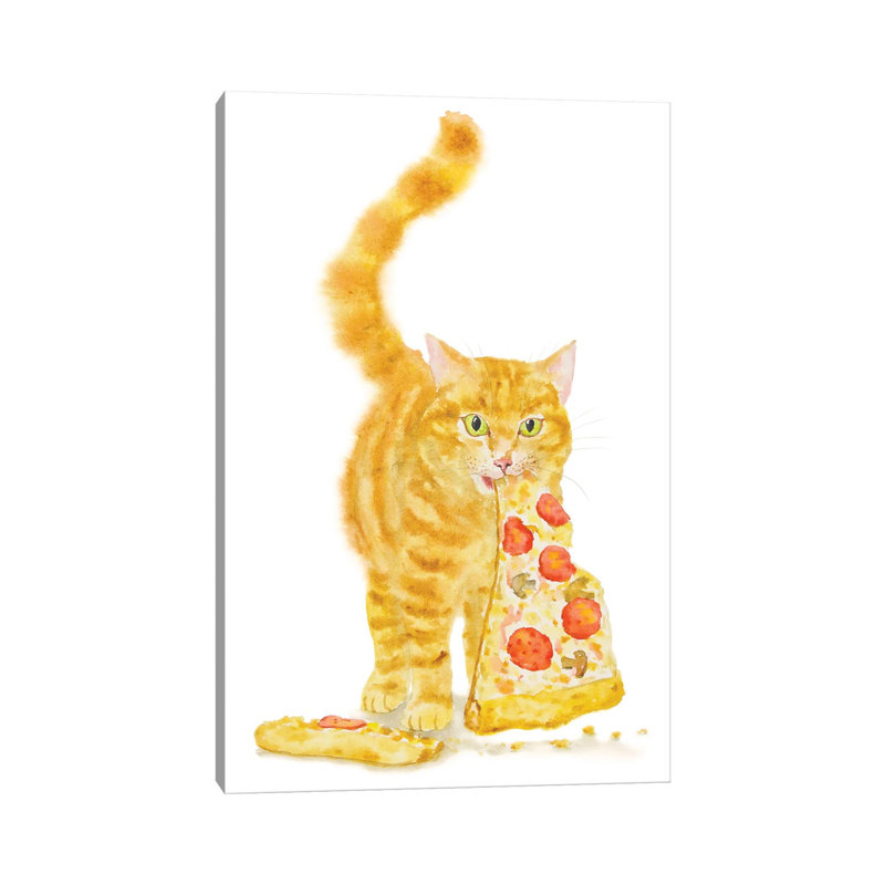 Orange Cat And Pizza by Alexey Dmitrievich Shmyrov - Wrapped Canvas Print, 20.32 cm H x 30.48 cm W