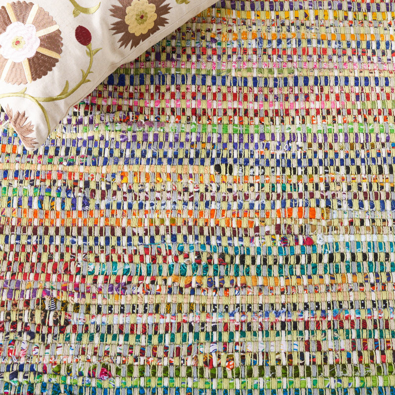 Tapis vert / gris / bleu en coton noué à la main Ekaterina, Rectangle de 5 pi x 8 pi