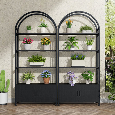 Set of 2 71" Tall Arched Bookshelf with Drawers, Black Industrial Bookcase Freestanding Display Shelving Unit with Sturdy Metal Frame, Geometric Book Shelf for Lving Room, Home Office