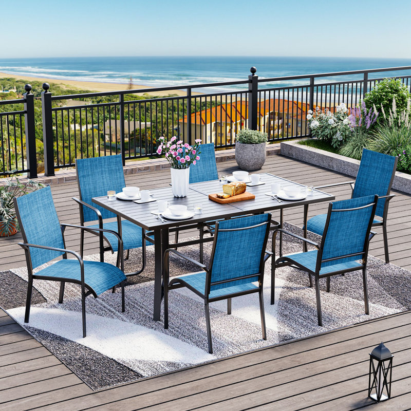 7 Piece Patio Dining Set, Outdoor Dining Table And Chairs Set For 6, 6 PVC-coated polyester Chairs, 1 Iron Rectangular Table With Adjustable Umbrella Hole, Patio Furniture Set For Deck, Backyard, Lawn, Poolside