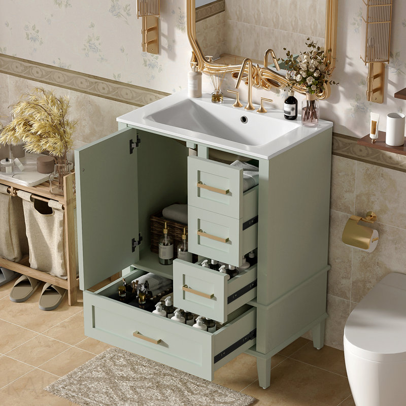 24.8" Modern Compact Bathroom Vanity with Ceramic Sink For Space-Saving Storage - Green, Green