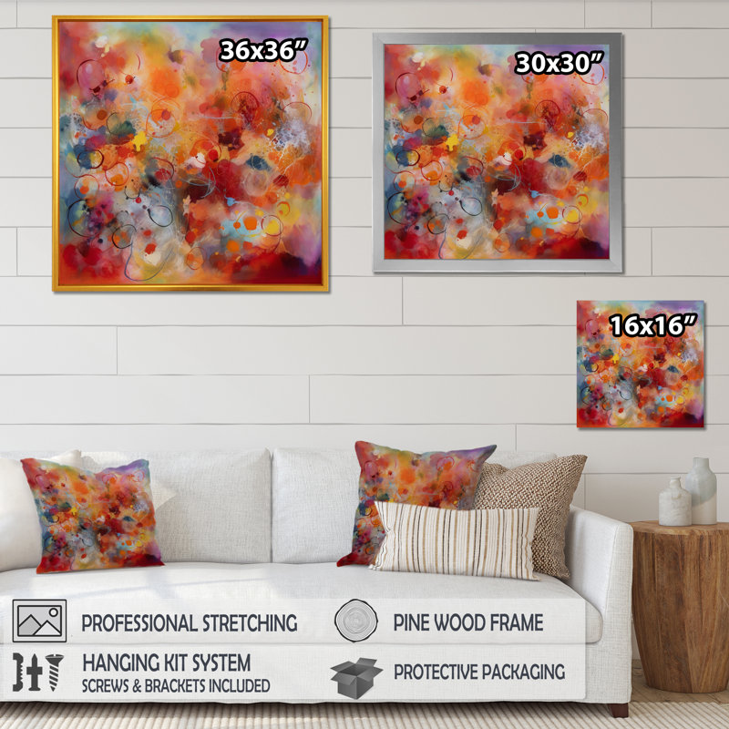 Impression sur toile orange, orange et rouge marbré, H 24 po x l 24 po x P 1 po, Cadre flottant doré