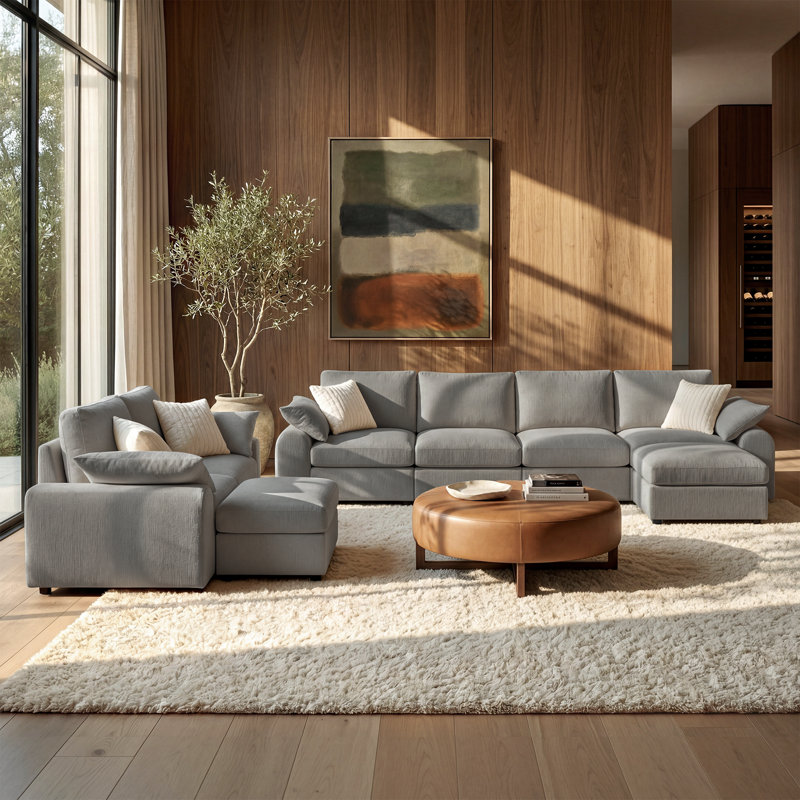 Ensemble de salon modulaire Rialto 4 pièces, style moderne, en chenille duvet mélangée, avec accoudoirs arrondis ; comprend un sofa 4 places, une causeuse et 2 poufs ; montage sans outil ; housses lavables.