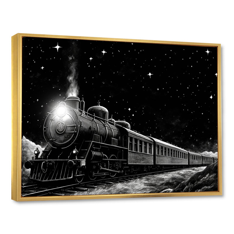 Train noir et blanc II - train, art mural, Cadre flottant doré, H 30 po x l 40 po x P 1,5 po