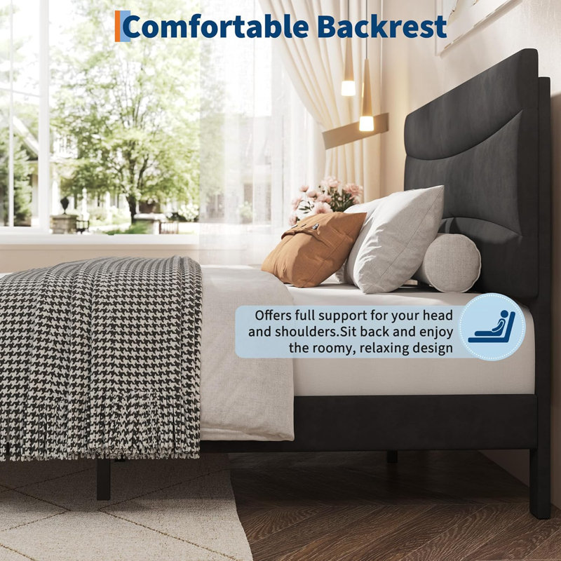 Queen Velvet Upholstered Platform Bed Frame with Headboard, Wood Slats, Black, Queen