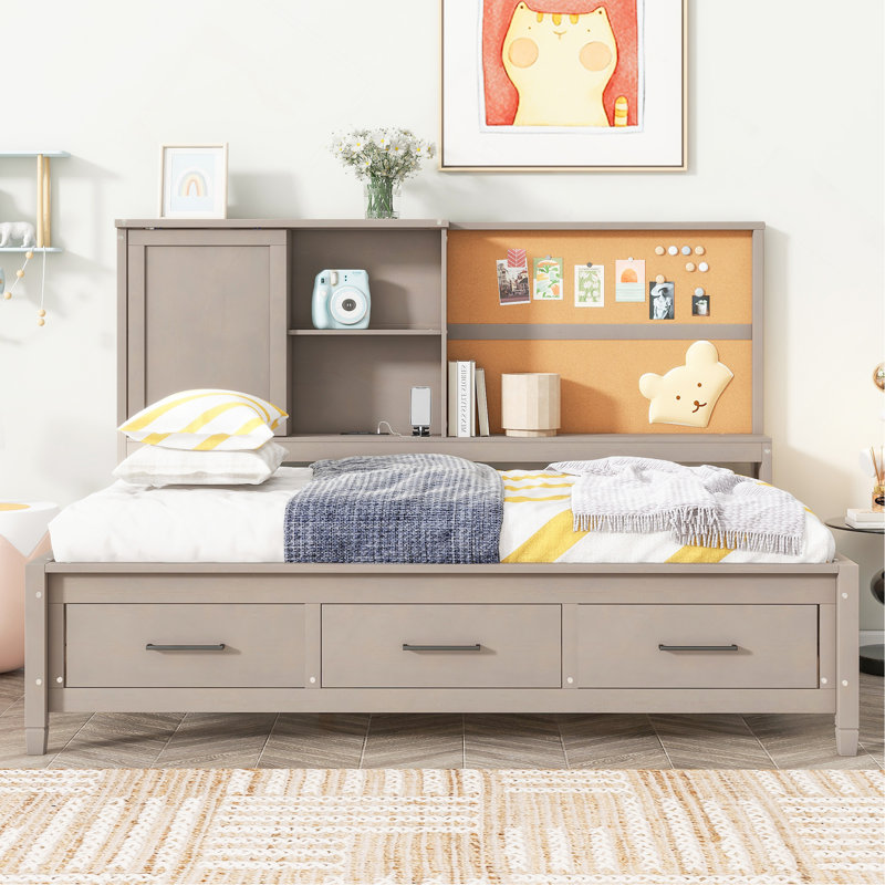 Lit de jour simple avec tablettes de rangement, planche de liège, ports USB et 3 tiroirs, Gris antique