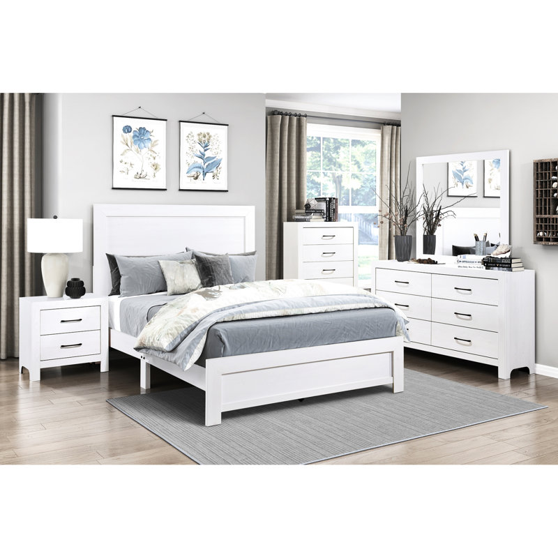 Lit double de couleur blanche pour chambre à coucher, tête de lit, rails et chambre à coucher en placage de bois blanc, Blanc