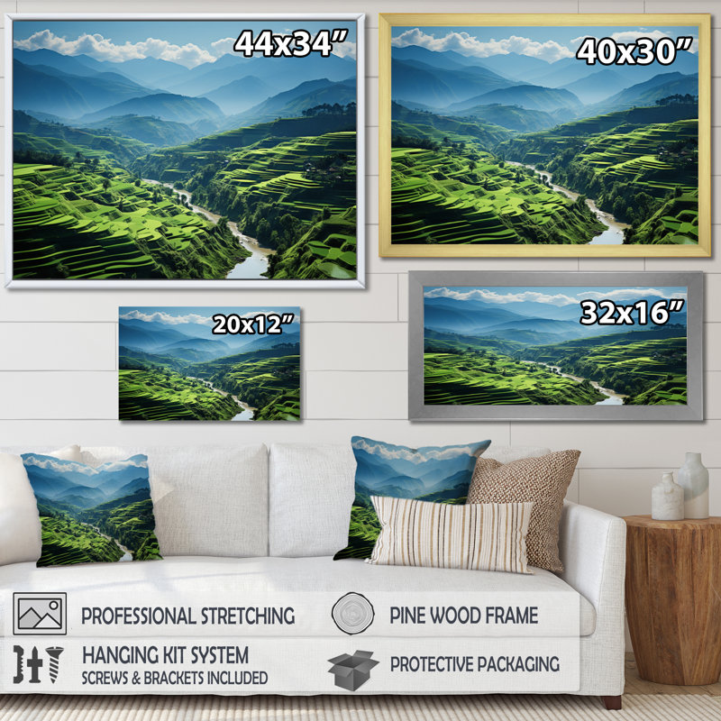Rizières en porcelaine de Chine III - impression, Cadre simple noir, H 12 po x l 20 po x P 1 po
