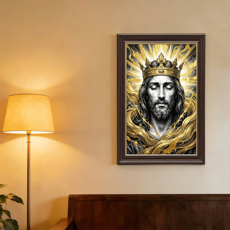 Art mural antique sur toile encadré doré pour le salon, la chambre à coucher, le bureau ou le vestibule - Décoration murale décorative avec couronne dorée