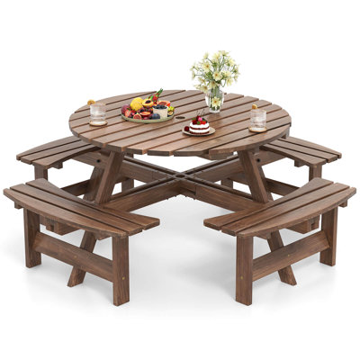 8-person Round Picnic Table Set With 4 Built-in Benches 2" Umbrella Hole by Arlmont & Co.