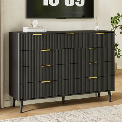 Fluted 9-Drawer Double Dresser For Bedroom, 55.1" Modern Chest Of Drawers With Deep Drawers, Curved Profile Design, Wood Drawer Organizer For Living R
