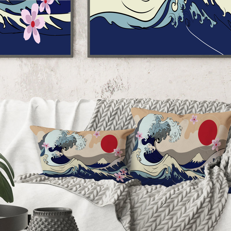 Lune et vagues traditionnelles japonaises traditionnelles - Coussin décoratif imprimé traditionnel, 18 po x 18 po