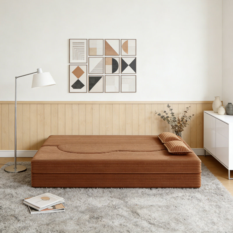 Modern Floor Sofa with 2 Pillows, Corduroy, Orange1