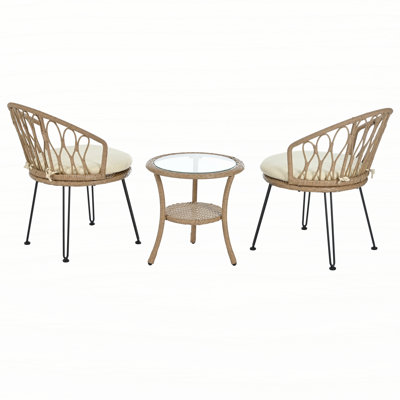 Outdoor Leisure Set, 2 Rattan Single Chairs with A Glass Round Table, Perfectly Suited for Patios, Balconies, and Courtyards