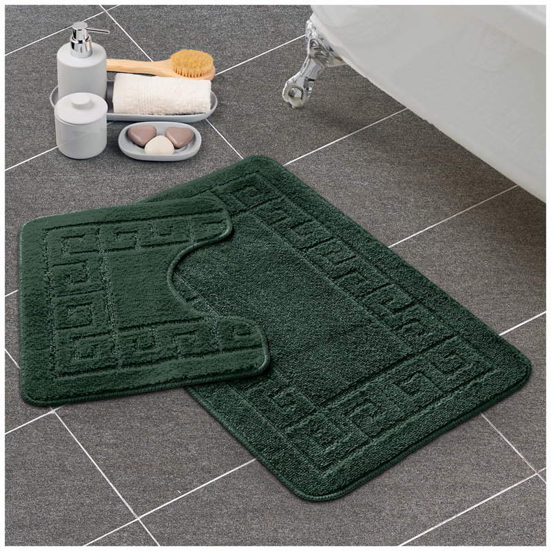 2 Piece Bathroom Rug Set Greek Key Pattern Bath Mat & Pedestal Mat Non Slip Rubber Back Soft Absorbent Mats, Dark Green