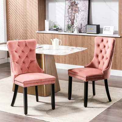 Chaise de salle à manger de luxe en bois massif, velours rose, design élégant et confortable contemporain avec coussin en velours, 2 pièces