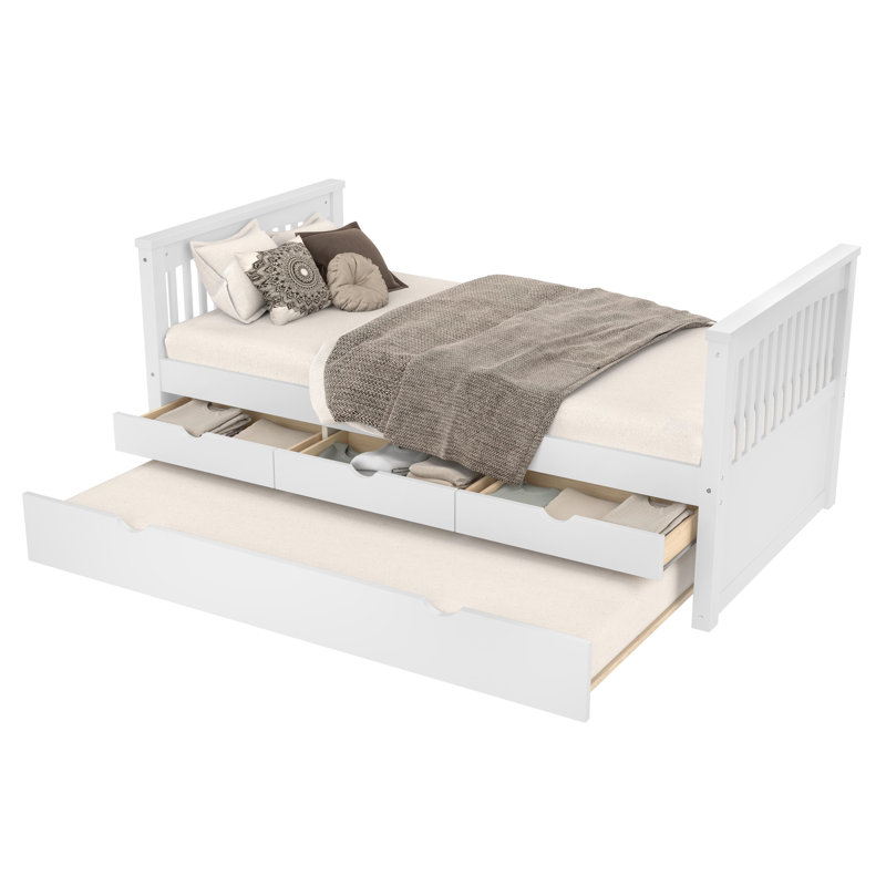 Lit plateforme simple avec tiroirs et lit gigogne, lit de jour en bois massif, sans sommier, blanc, Blanc