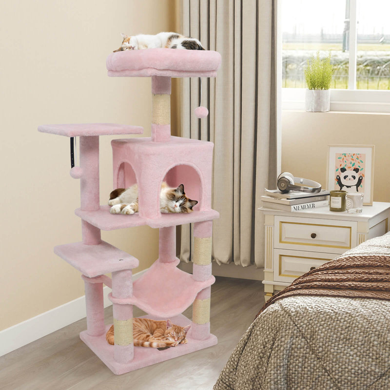 Arbre à chat de 44 po de hauteur multi-niveaux avec perchoir supérieur, 2 entrées pour chat grand rose, Rose