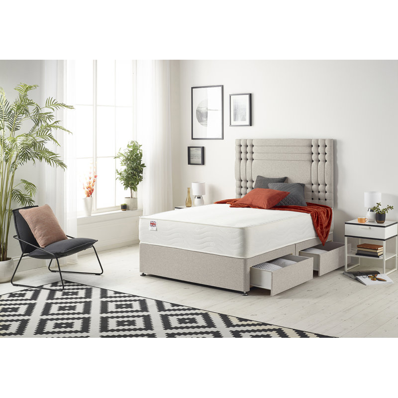 Dennishia Sprung Memory Foam Divan Bed Set with Headboard, Silver, Double (4'6), 4 Drawers