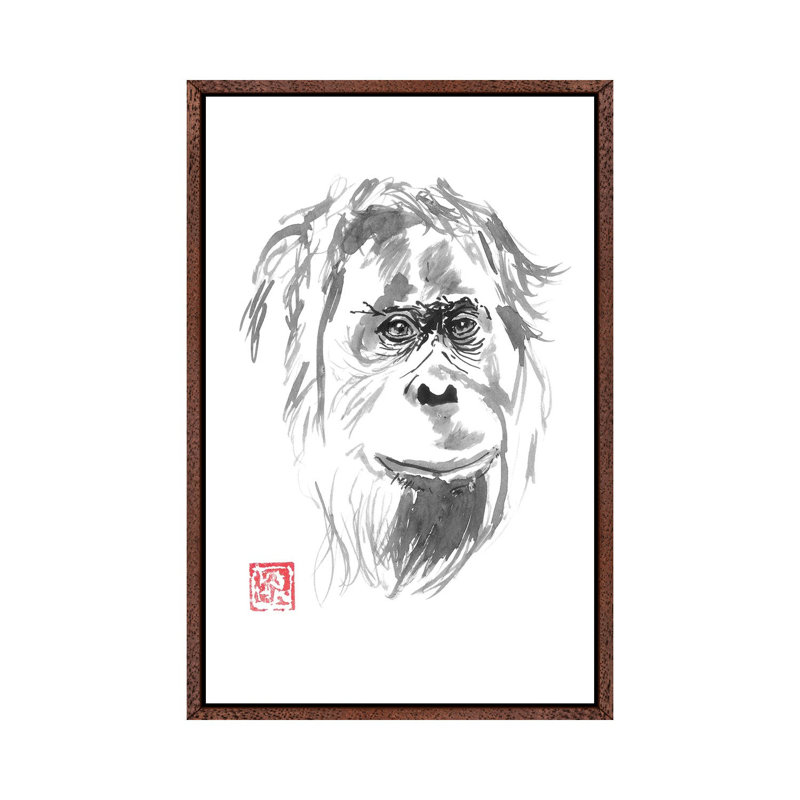 Orangutan Smile by Péchane - Painting on Canvas, 66.04 cm H x 45.72 cm W, Classic Brown Wood Framed