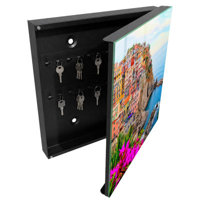 Key cabinet for home, Opens to the right, 30x30x5, Black, Colorful houses on a rock by the sea, 