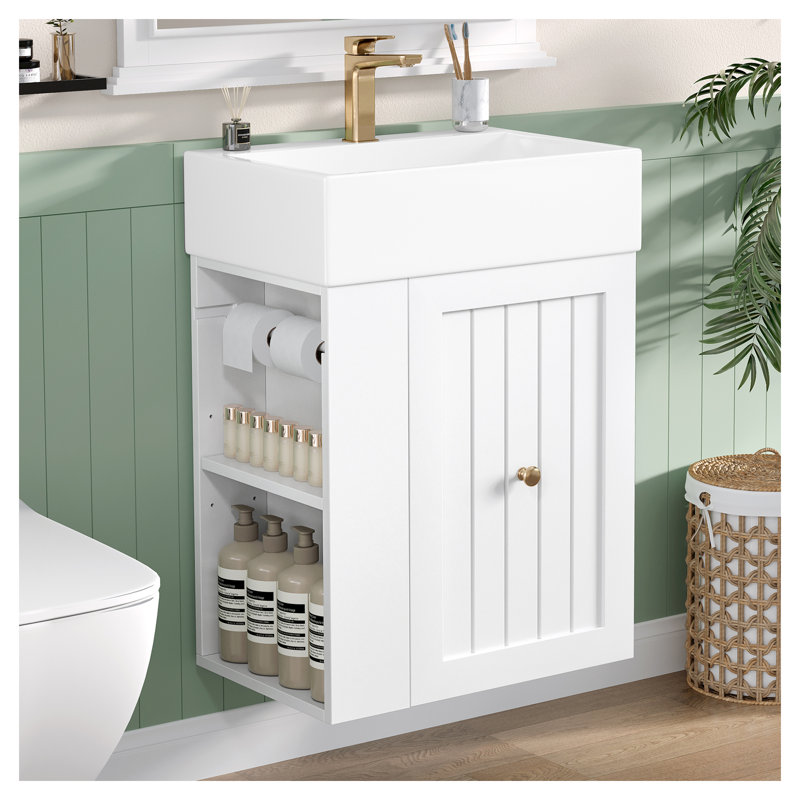 Petit meuble-lavabo de 20 pouces avec lavabo en céramique, meuble-lavabo mural moderne avec tiroir et tablette latérale, meuble-lavabo compact en panneau de fibres à densité moyenne blanc avec poignée dorée