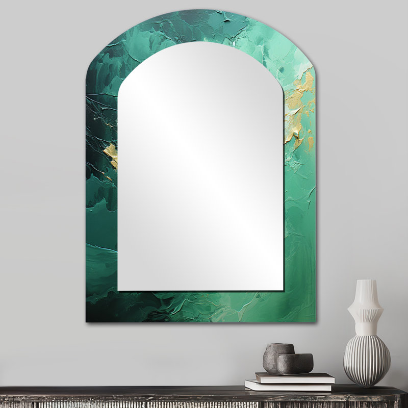 Emerald Euphoria I - miroir mural arqué paysager, miroir décoratif asymétrique vert, impression sur métal, 34 po x 25 po