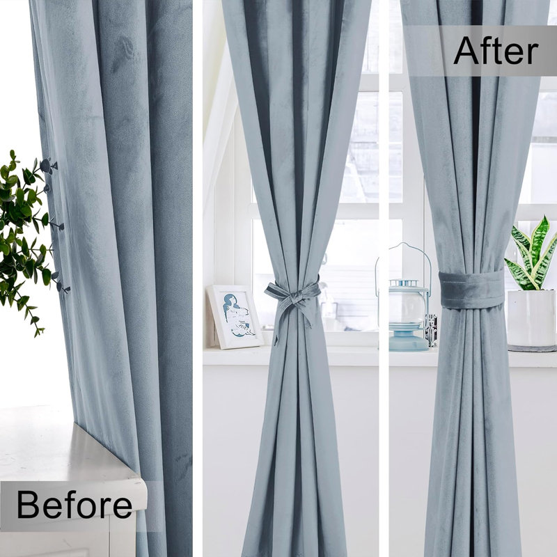 Rithvika Velvet Solid Color Noise Reducing Blackout Grommet Curtain Panels for Home & Office, 52" W x 120" L, Stone Blue