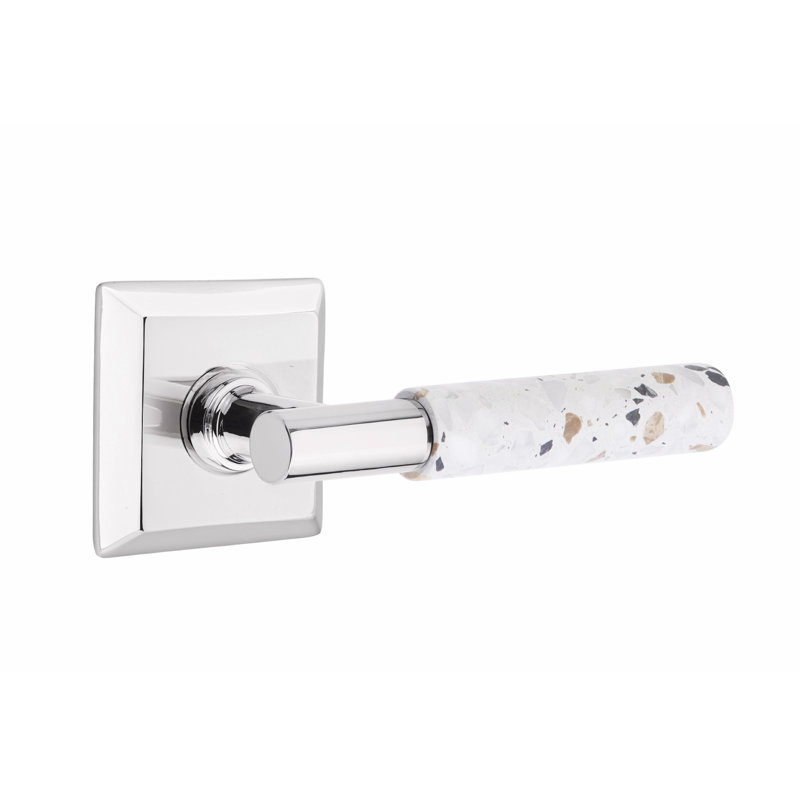 Select Round Privacy (Bed & Bath) Door Lever with Square Rosette, Polished Chrome/Light Terrazzo, Right