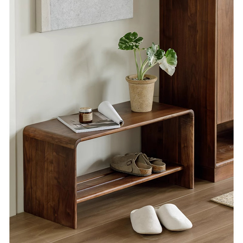 Banc à chaussures minimaliste en bois massif avec tablette ouverte