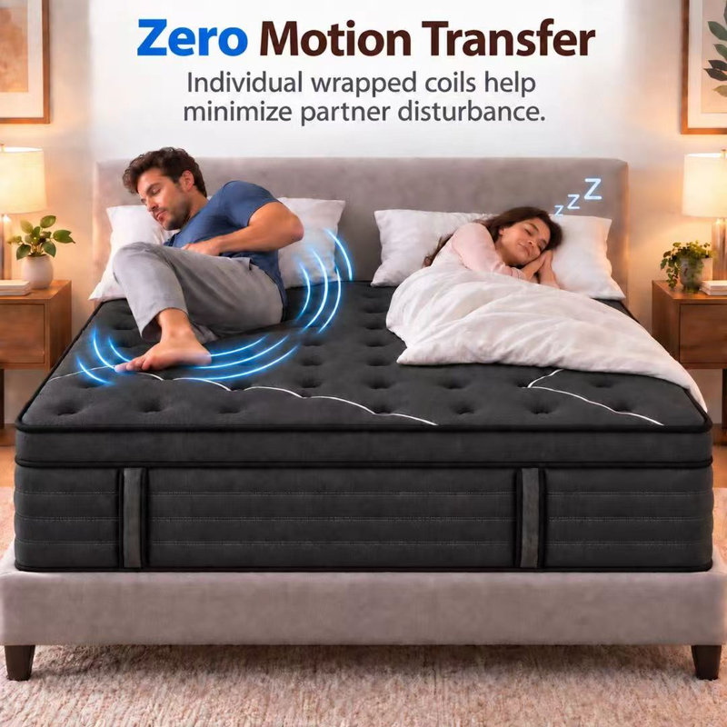 Matelas hybride extra ferme de 35,5 cm (14 po) livré dans une boîte, avec ressorts ensachés individuellement, isolation des mouvements, soutien des bords et soulagement des points de pression, noir mat