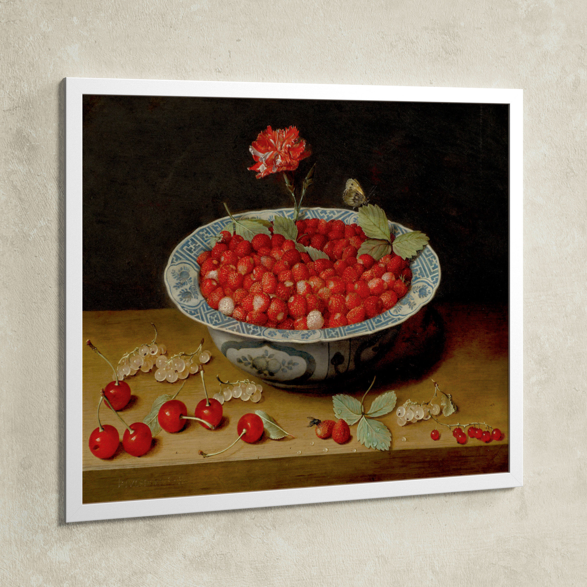 Van Hulsdonck - Wild Strawberries And A Carnation by Van Hulsdonck, 19" H x 22" W x 0.5" D, Gold
