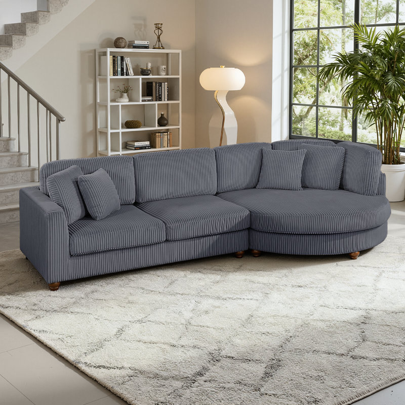 Modern 2-piece Sectional With Round Chaise & 4 Pillows, Corduroy Fabric, Dark Gray