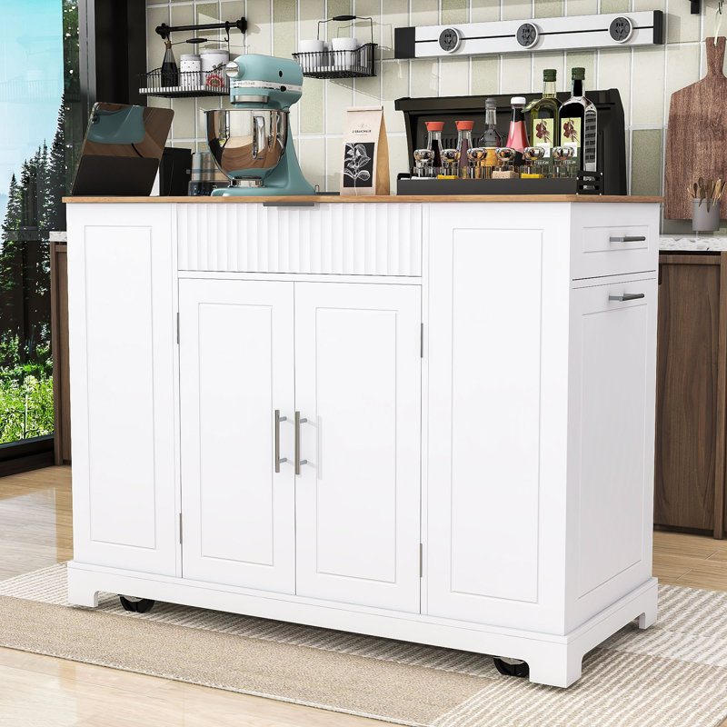 Rolling Kitchen Island Cart with Built-in Power Outlet, Storage Cabient and Trash Can, White