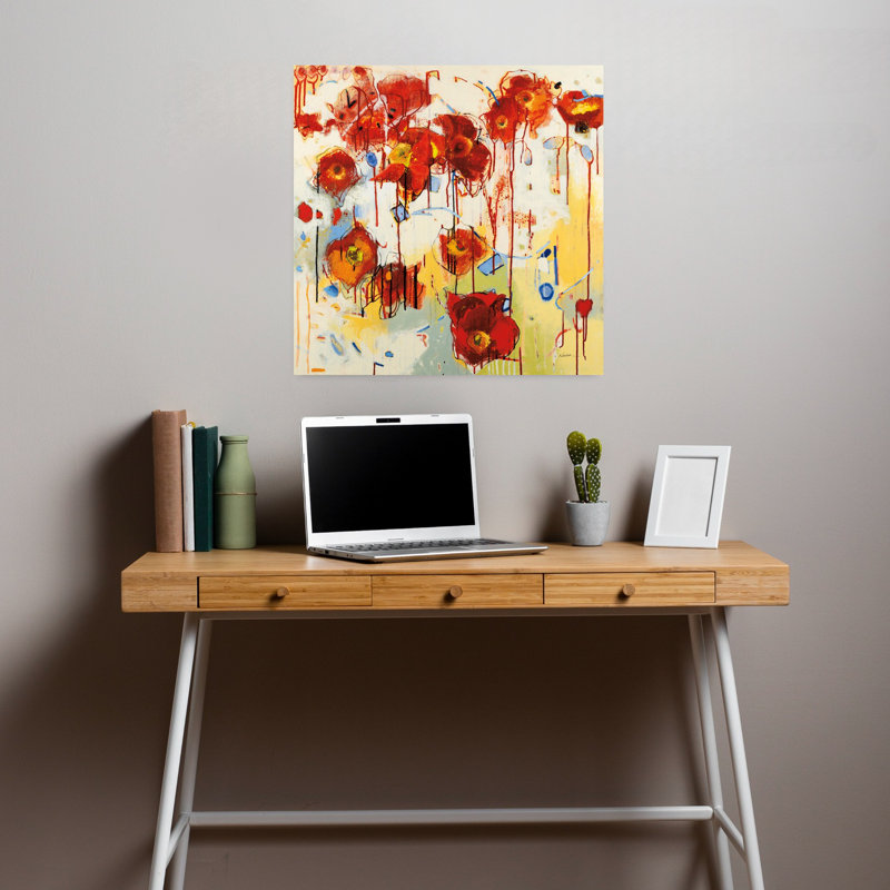 Art contemporain abstrait rouge coquelicot, H 18 po x l 18 po