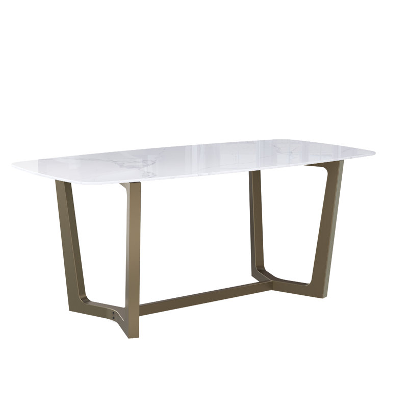 Luxury 70 Inch White Sintered Stone Dining Table With Brushed Bronze Base, Brown
