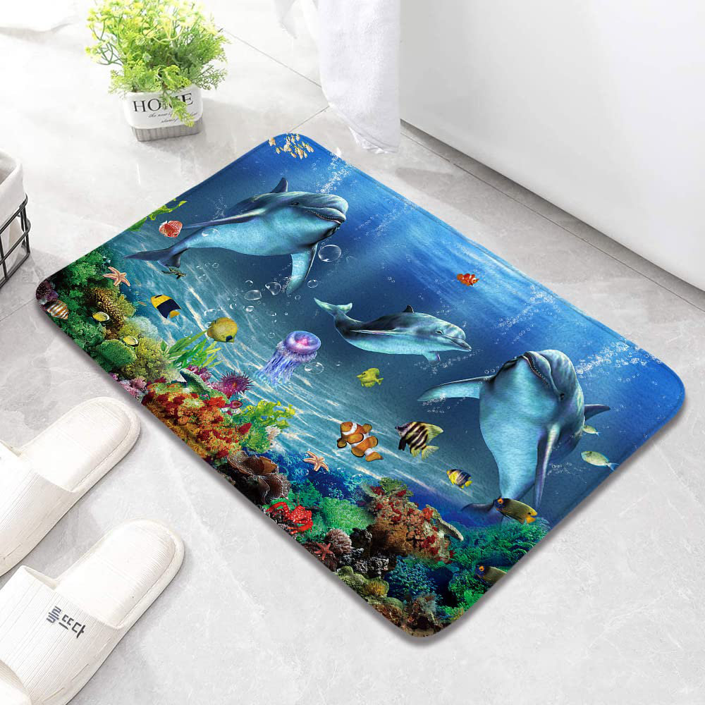 AquaSplash Kids Bath Mat - Marine Life Cartoon, Blue Ocean Animal, Tropical Fish Underwater World, Non-Slip Bathroom Decor, 17.7 x 29.5 inch East, image size:1000x1000