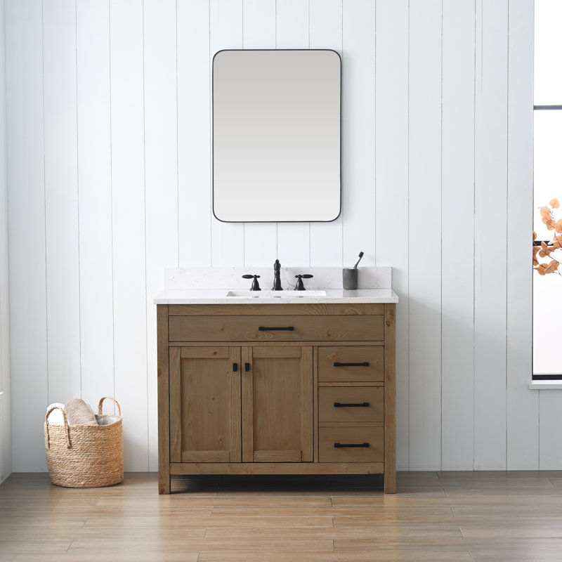 Ensemble de meuble-lavabo simple 42 po Ajiya, Naturel texturé / noir mat, Calcaire bleu