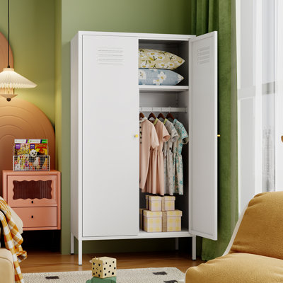 Garde-robe en métal à 2 portes, grands casiers de rangement en métal classés, armoire de rangement avec tringle et 2 tablettes réglables librement, armoire en métal pour chambre d'enfant, salle de lavage, chambre à coucher (blanc)