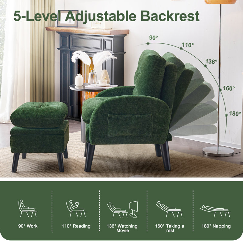 Elandra Upholstered Accent Chair and Ottoman, with 5 Level Adjustable Backrest, Green Chenille