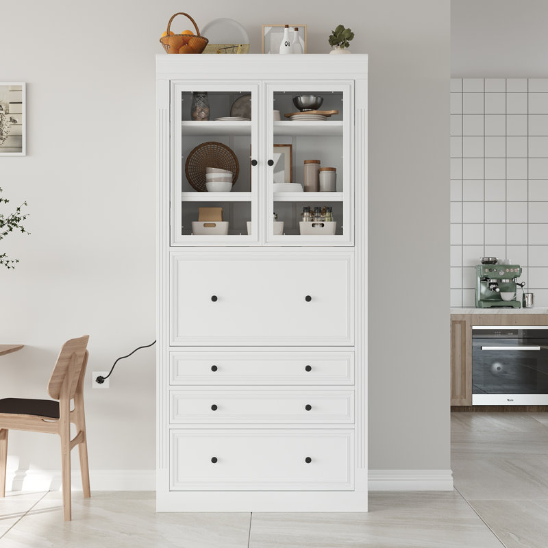 Garde-manger élégant de style shaker Eltera de 78 pouces avec portes en verre et surface rabattable, Blanc