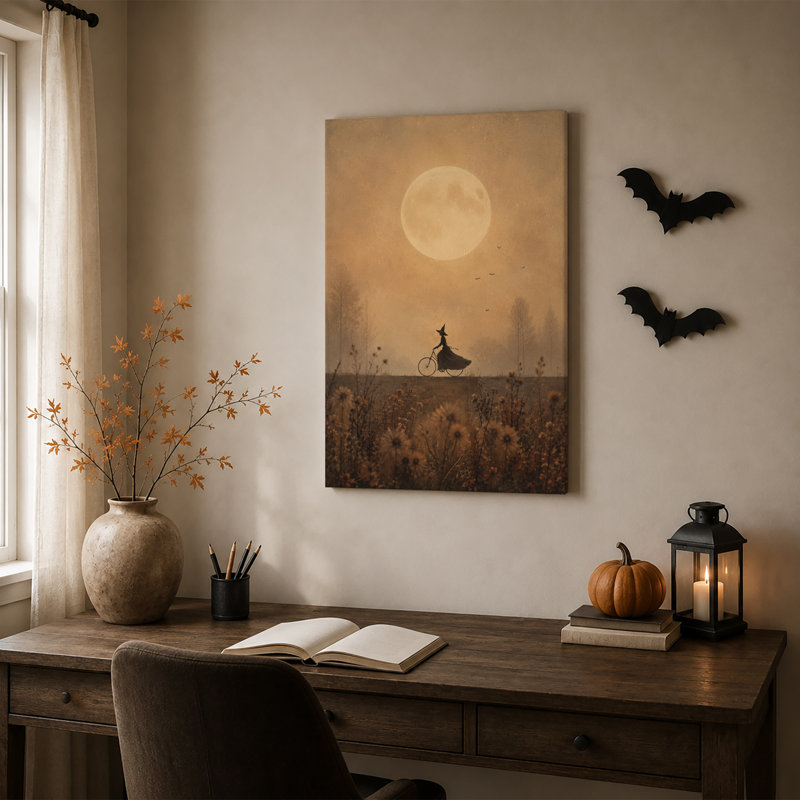 Sorcière chevauchant une bicyclette sous une grande lune sur toile d'Halloween, H 18 po x l 12 po