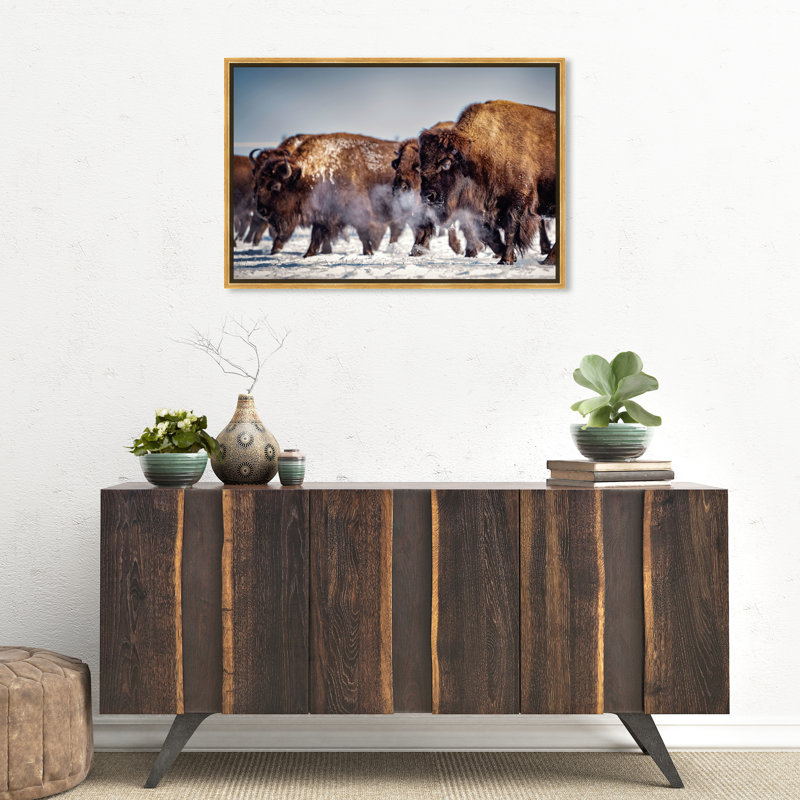 Buffalo Herd In A Snow Landscape Print, 20" H x 30" W, Wrapped Canvas