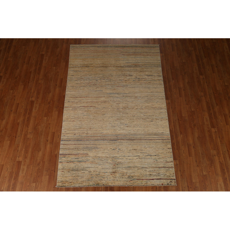 Tapis beige en laine noué à la main de conception unique 5 pi 5 po x 8 pi 4 po New Age