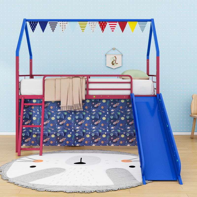 Twin Size Loft Bed With Slide And Playful Accessories, Red Blue