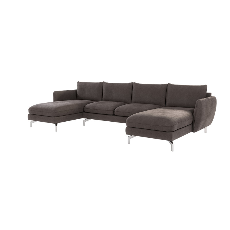 Modern U-shape Kimo Corner Sofa with Silver Metal Legs, Brown - Khaki
